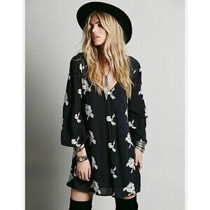 Free People Emma Mini Dress Small Black Floral Boho Embroidered Festival Flowy